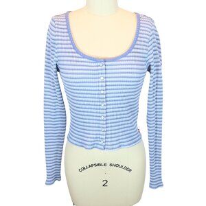 LEVIS Britt Slim Fit Cropped Striped Ribbed Pearl Snap Knit Top Size M Blue Y2K
